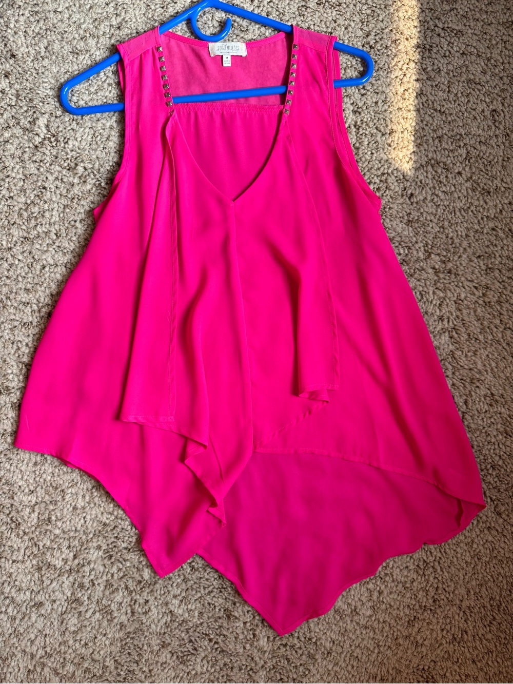 Soulmates Hot Pink V-Neck Stud-Trim Handkerchief-Hem Camisole